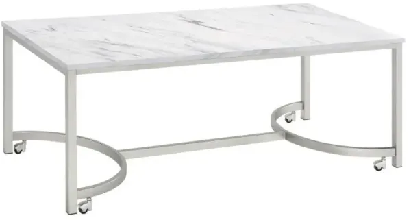 Leona - Faux Marble Coffee Table With Casters - Satin Nickel