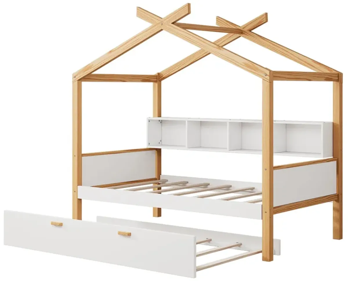 Twin Size Wooden House Bed With Original Wood Colored Frame Twin Size Trundle And Bookshelf Storage Space For Children Or Guest Room - White