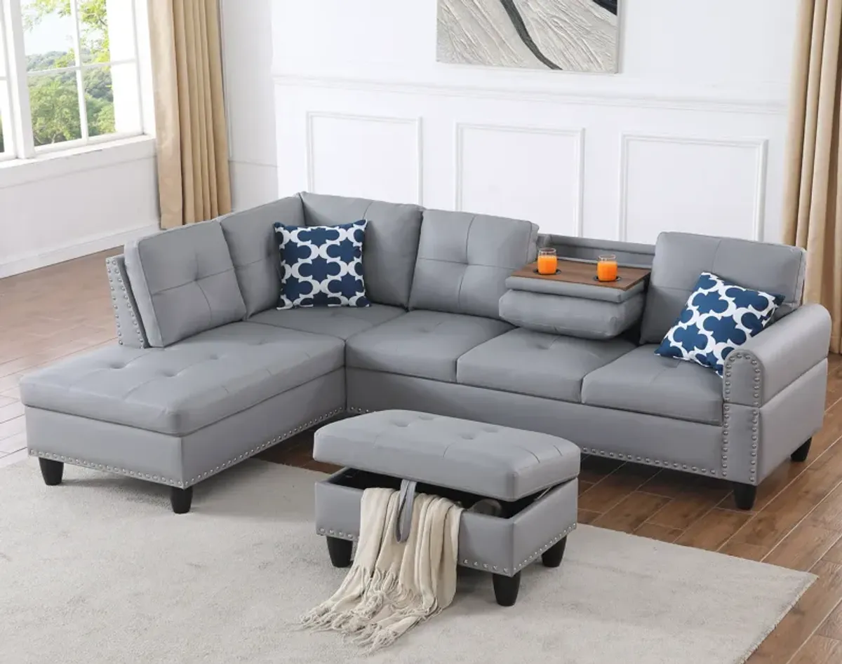 Irine - Faux Leather Sectional Sofa With Ottoman - Gray