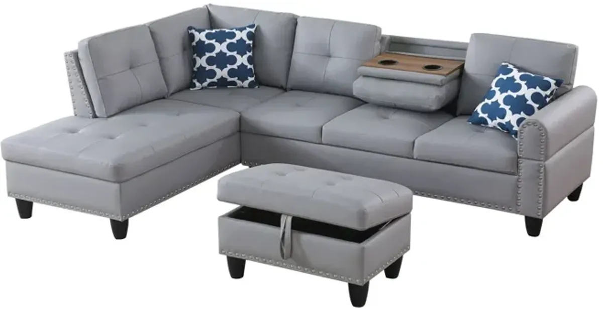 Irine - Faux Leather Sectional Sofa With Ottoman - Gray