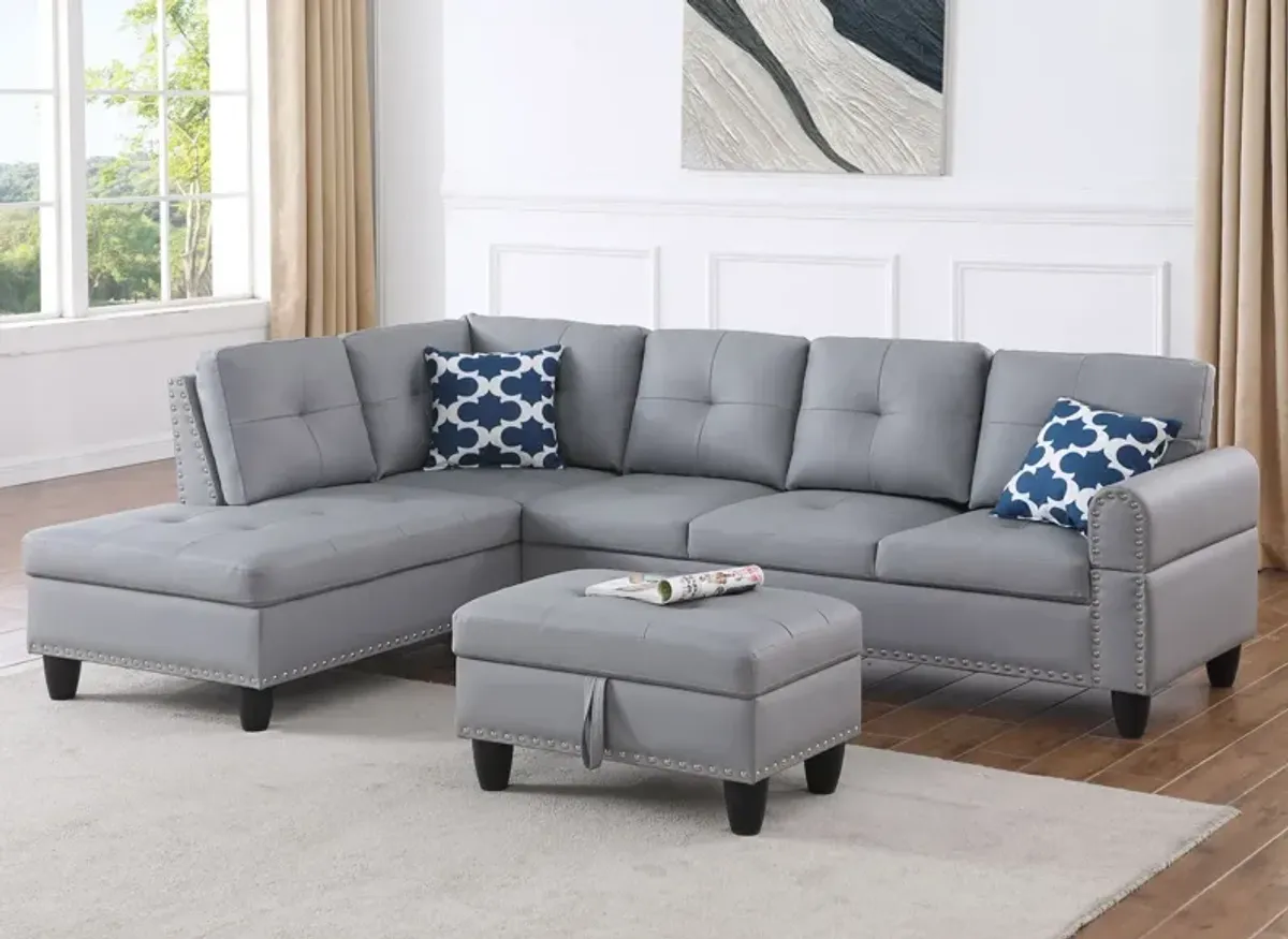 Irine - Faux Leather Sectional Sofa With Ottoman - Gray