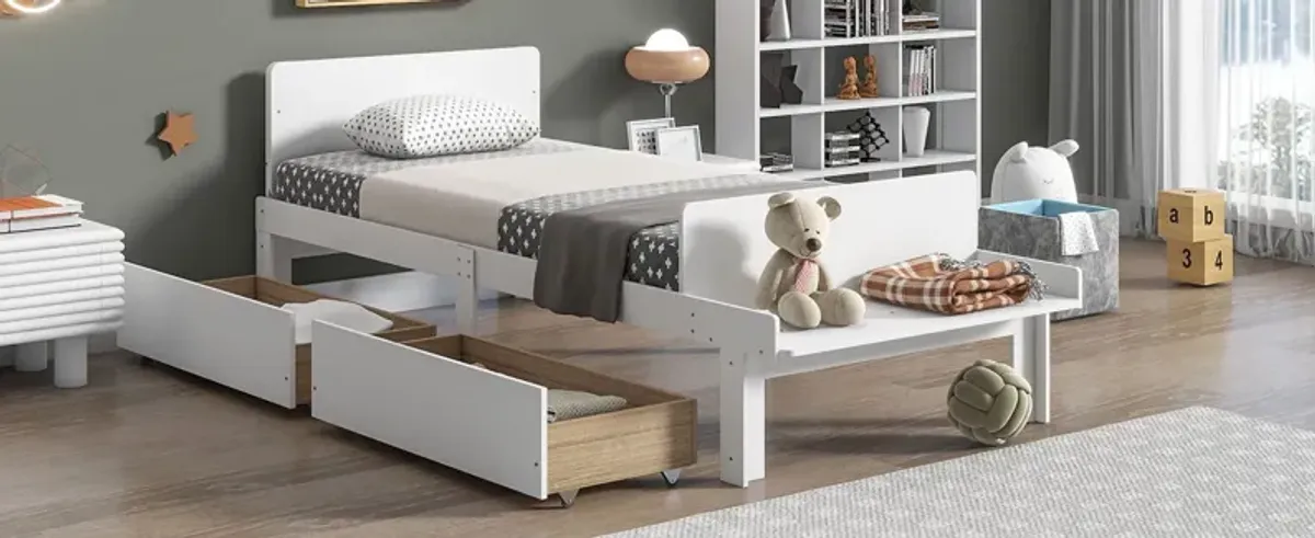 Twin Bed With Footboard Bench, 2 Drawers - White