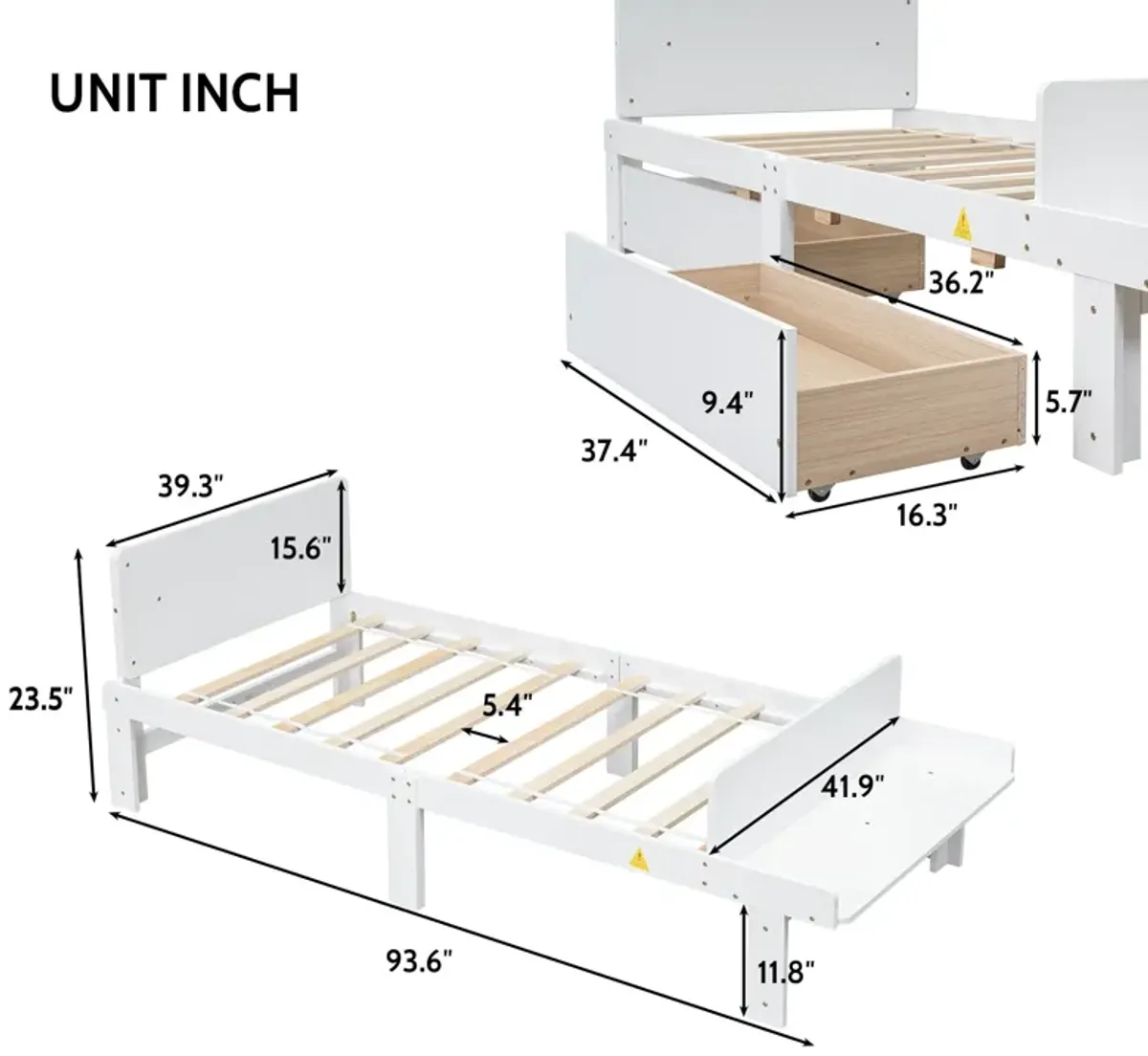 Twin Bed With Footboard Bench, 2 Drawers - White