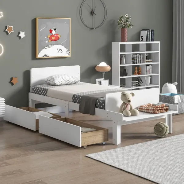 Twin Bed With Footboard Bench, 2 Drawers - White