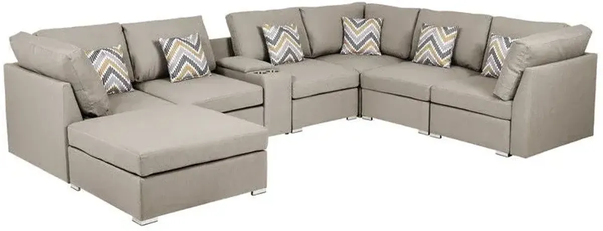 Lucy - Fabric Reversible Modular Sectional Sofa With USB Console And Ottoman - Beige