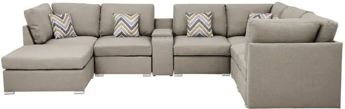 Lucy - Fabric Reversible Modular Sectional Sofa With USB Console And Ottoman - Beige