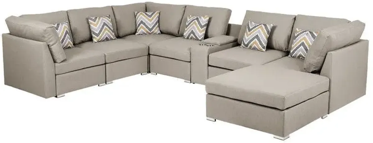 Lucy - Fabric Reversible Modular Sectional Sofa With USB Console And Ottoman - Beige