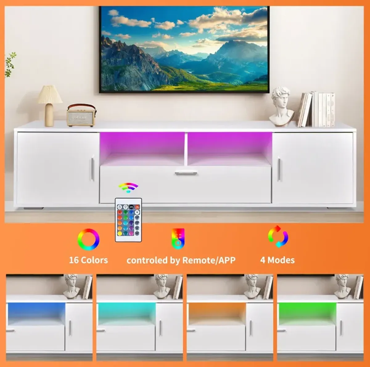 Modern TV Stand With LED Lights Entertainment Center TV Cabinet With Storage For Up To 75" For Gaming Living Room Bedroom - White