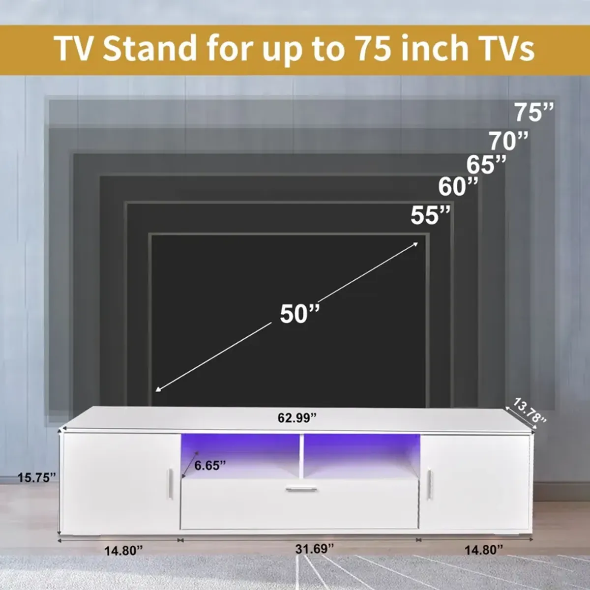 Modern TV Stand With LED Lights Entertainment Center TV Cabinet With Storage For Up To 75" For Gaming Living Room Bedroom - White