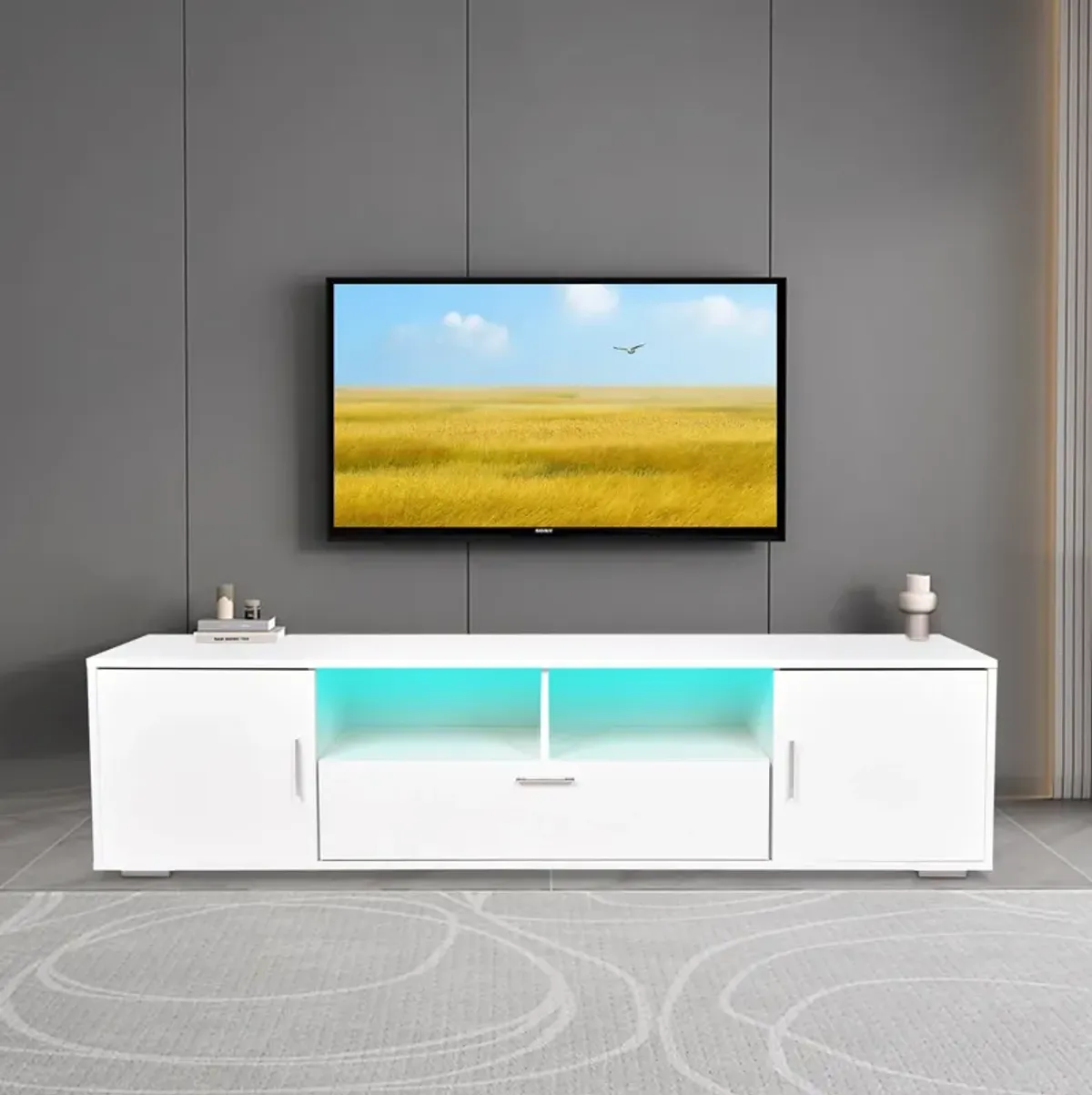 Modern TV Stand With LED Lights Entertainment Center TV Cabinet With Storage For Up To 75" For Gaming Living Room Bedroom - White