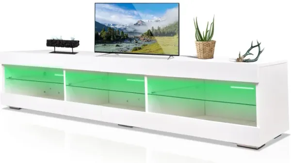 Modern LED TV Stand, Entertainment Center With Storage And Glass Shelves, TV Cabinet Table For Living Room - White