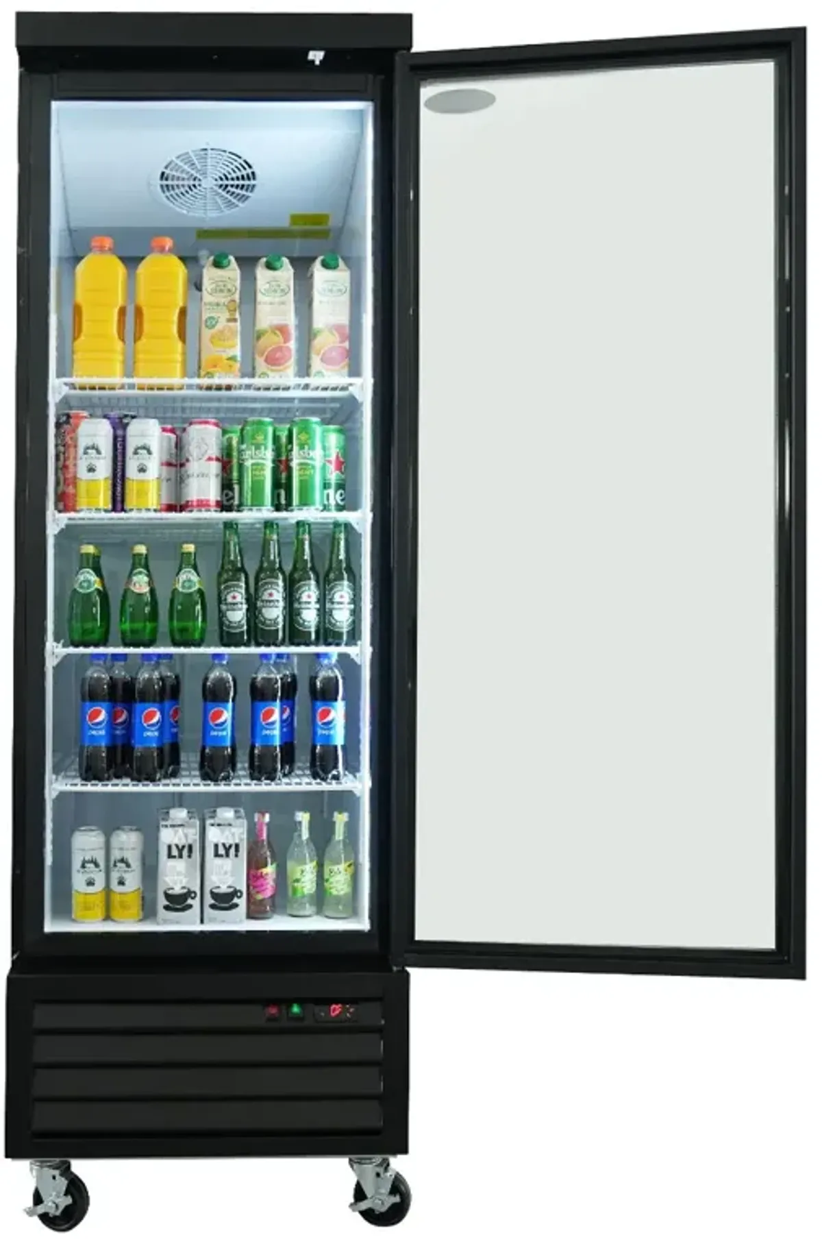 Glass Door Merchandiser Refrigerator 19.2 Cu.Ft Swing Door Commercial Display Refrigerators Merchandising Refrigeration With LED Top Panel - Black