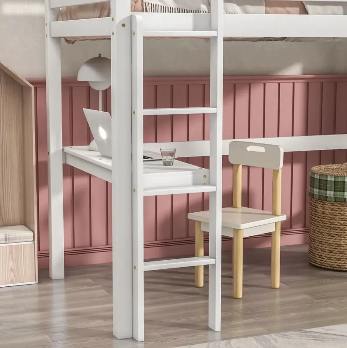 Twin Loft Bed With Built-In Desk - White