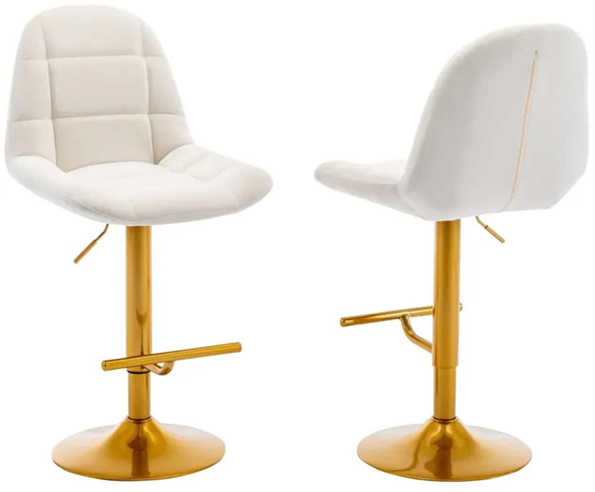 Velvet Swive Bar Stools Adjustable Counter Height Bar Chairs With Back Gold Base Modern Stool Chair For Kitchen Island Dining Room (Set of 2) - White