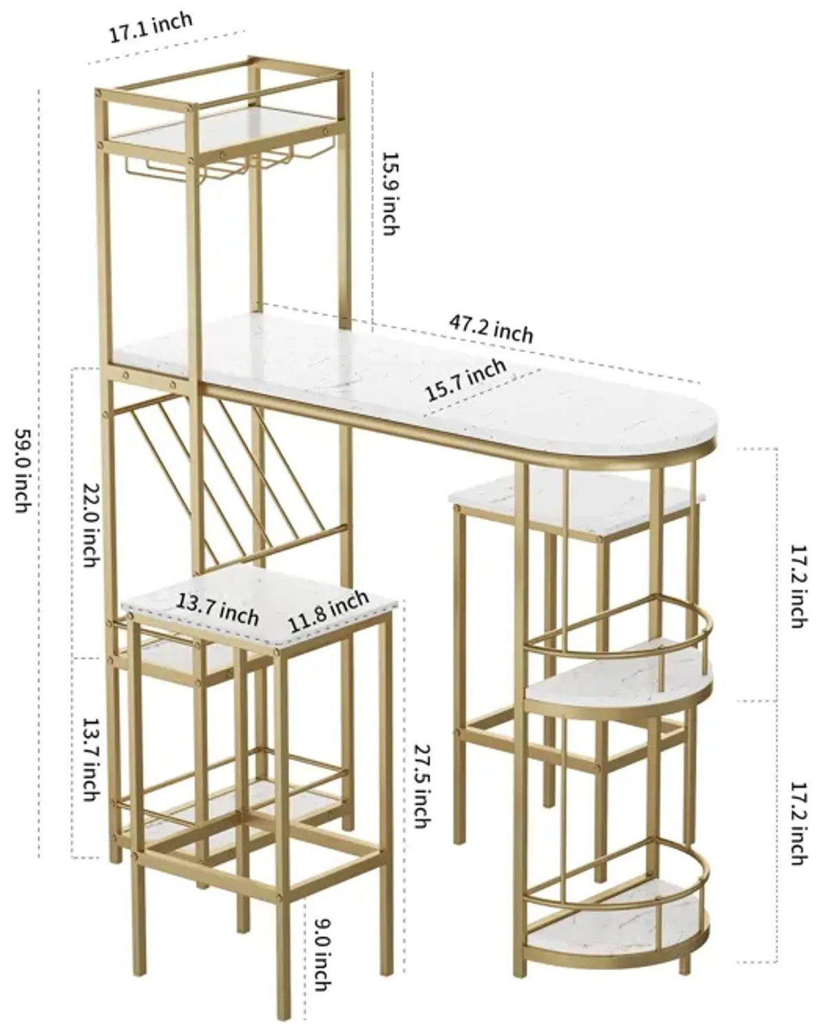 3 Piece Bar Table And Chairs Set, Modern Kitchen Bar Height Dining Table Wood Breakfast Pub Table With Base With Shelves, Glass Rack, Wine Bottle Rack, With 2 Bar Stools - White / Gold