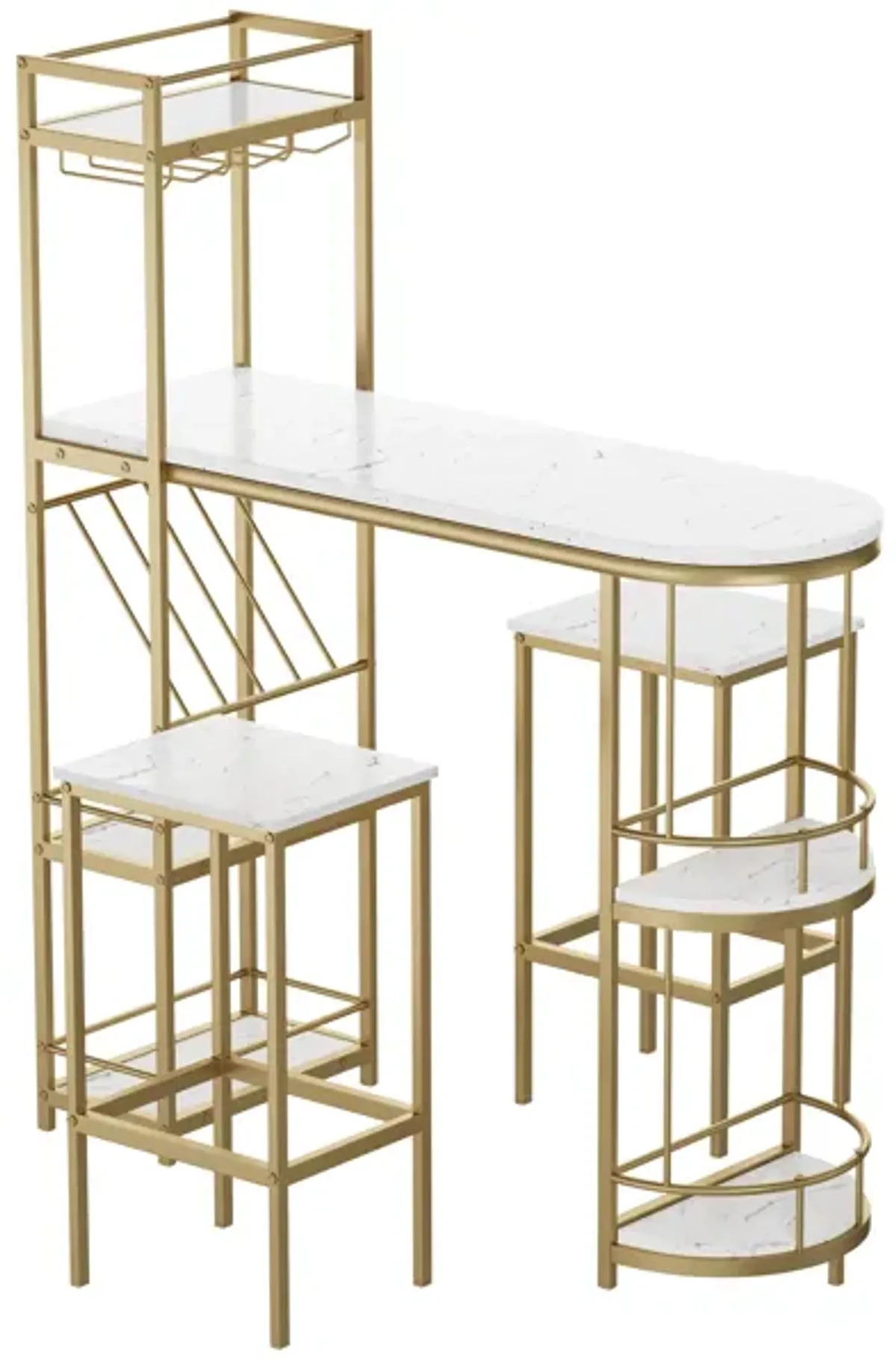 3 Piece Bar Table And Chairs Set, Modern Kitchen Bar Height Dining Table Wood Breakfast Pub Table With Base With Shelves, Glass Rack, Wine Bottle Rack, With 2 Bar Stools - White / Gold