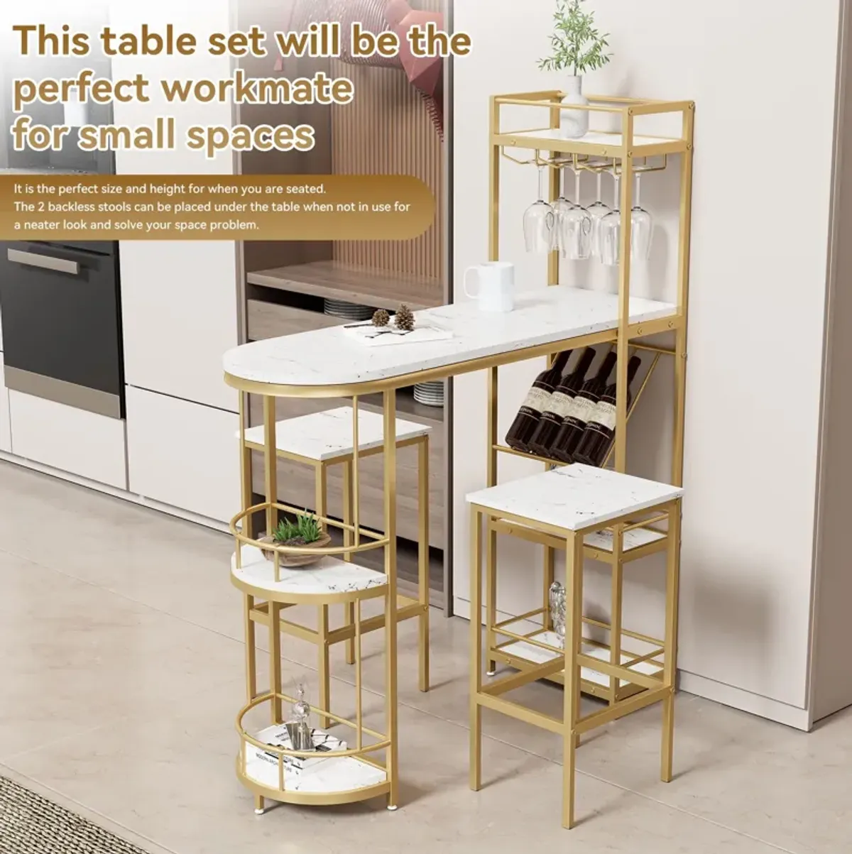 3 Piece Bar Table And Chairs Set, Modern Kitchen Bar Height Dining Table Wood Breakfast Pub Table With Base With Shelves, Glass Rack, Wine Bottle Rack, With 2 Bar Stools - White / Gold