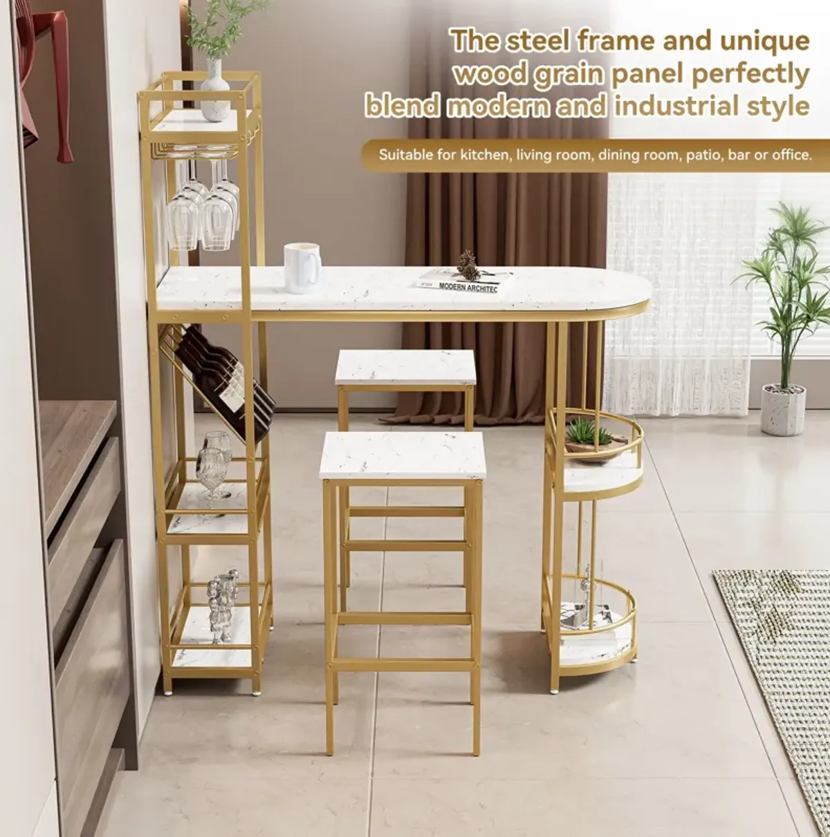 3 Piece Bar Table And Chairs Set, Modern Kitchen Bar Height Dining Table Wood Breakfast Pub Table With Base With Shelves, Glass Rack, Wine Bottle Rack, With 2 Bar Stools - White / Gold