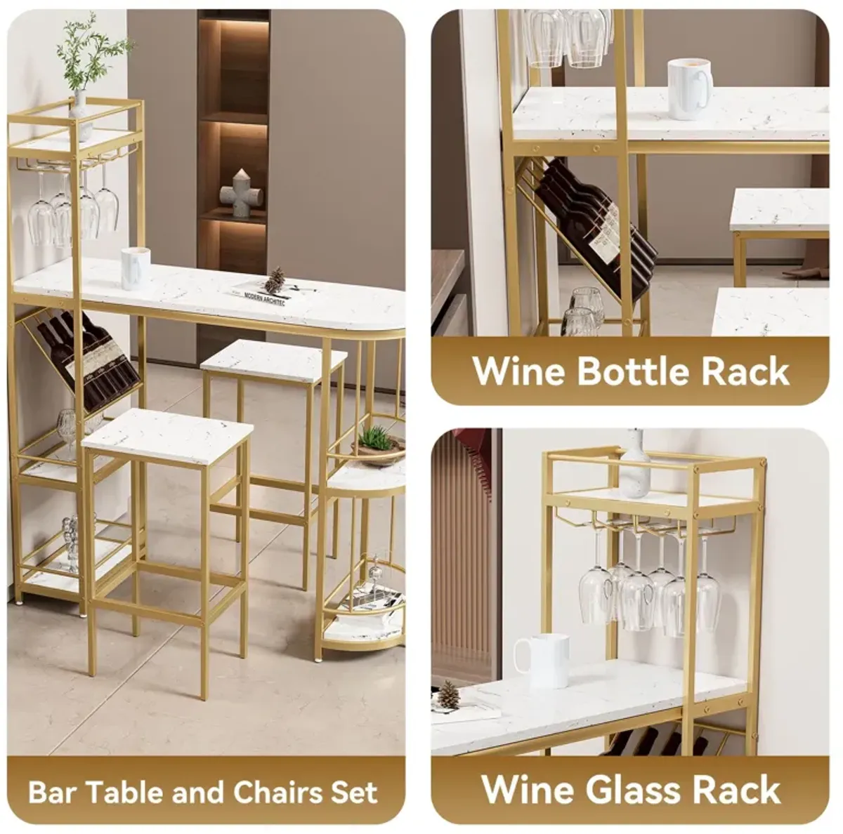 3 Piece Bar Table And Chairs Set, Modern Kitchen Bar Height Dining Table Wood Breakfast Pub Table With Base With Shelves, Glass Rack, Wine Bottle Rack, With 2 Bar Stools - White / Gold