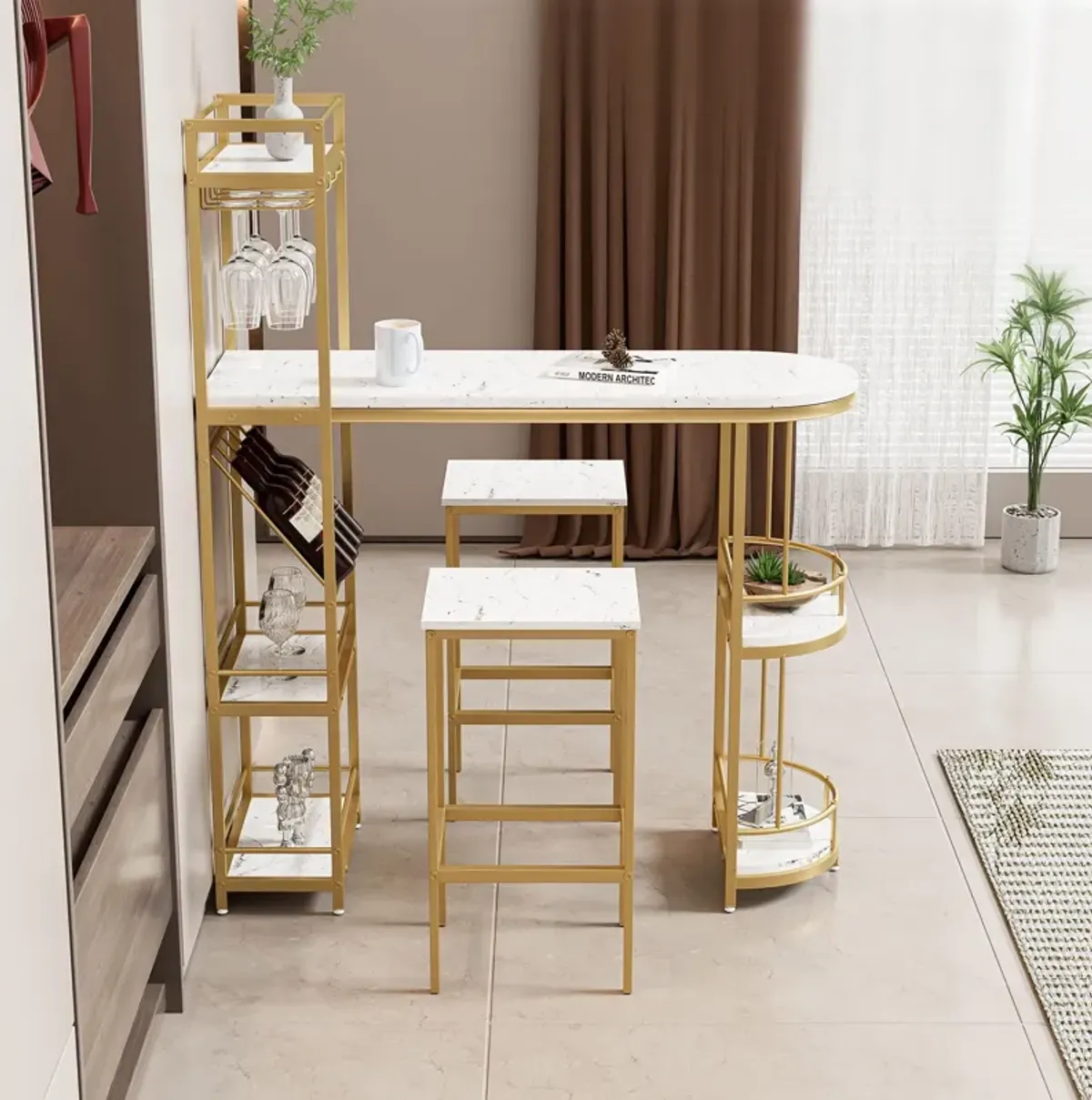 3 Piece Bar Table And Chairs Set, Modern Kitchen Bar Height Dining Table Wood Breakfast Pub Table With Base With Shelves, Glass Rack, Wine Bottle Rack, With 2 Bar Stools - White / Gold