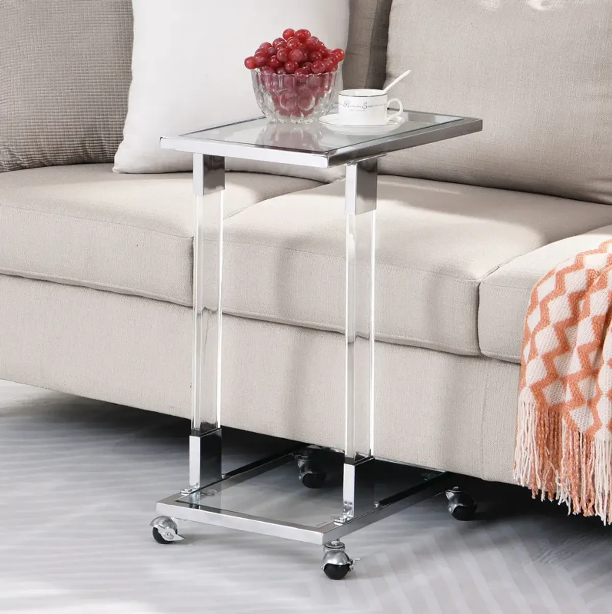 Side Table, Sofa Table, Glass Top C Shape Square Table With Metal Base For Living Room, Bedroom, Balcony Home And Office