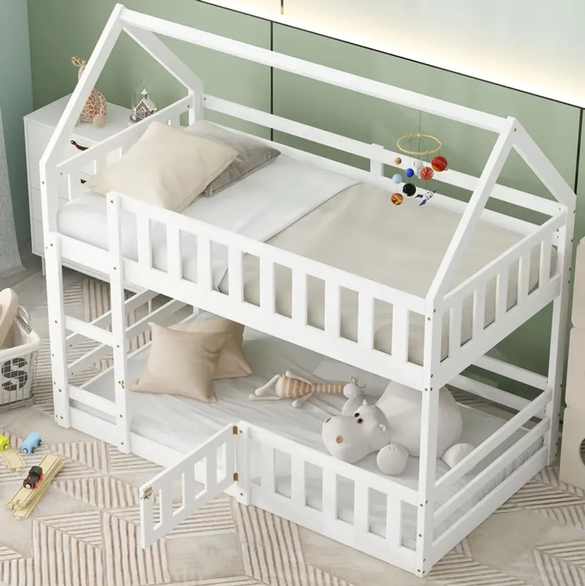 Twin Over Twin House Bunk Bed With Fence And Door