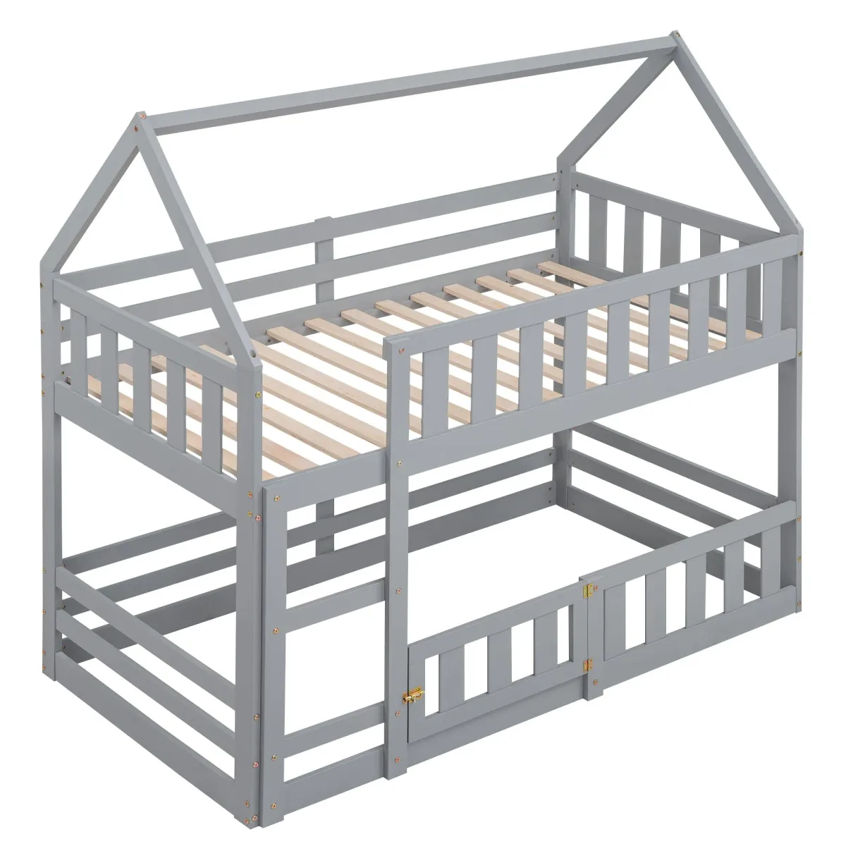 Twin Over Twin House Bunk Bed With Fence And Door