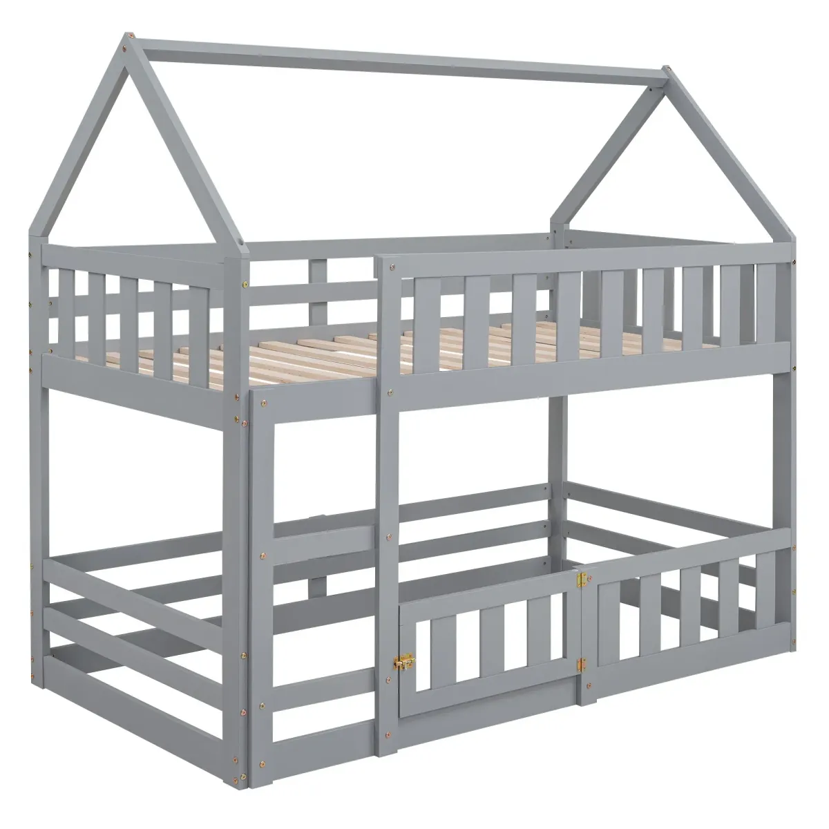 Twin Over Twin House Bunk Bed With Fence And Door