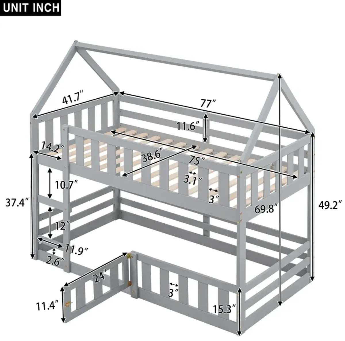 Twin Over Twin House Bunk Bed With Fence And Door