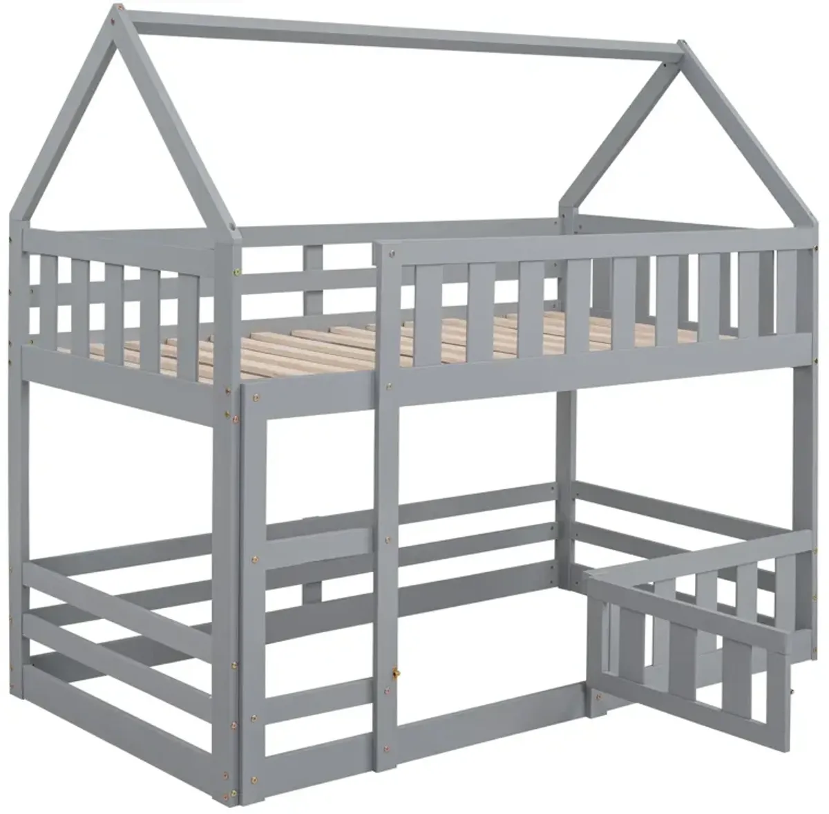 Twin Over Twin House Bunk Bed With Fence And Door