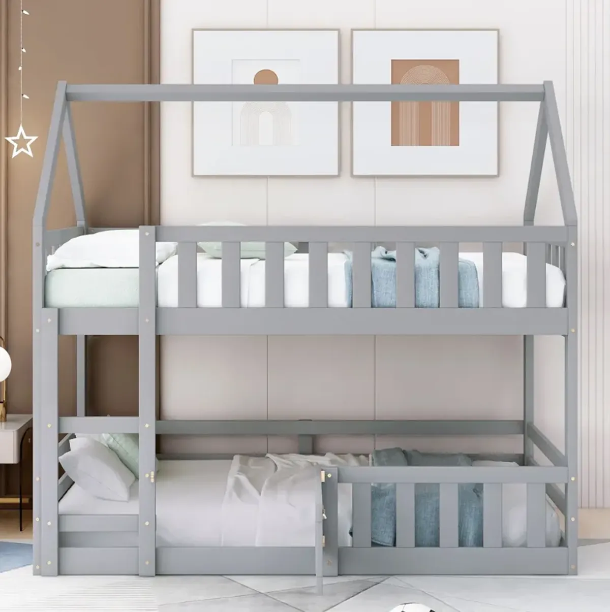 Twin Over Twin House Bunk Bed With Fence And Door