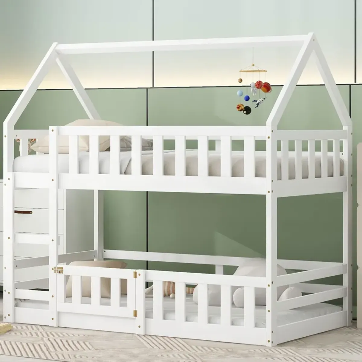 Twin Over Twin House Bunk Bed With Fence And Door