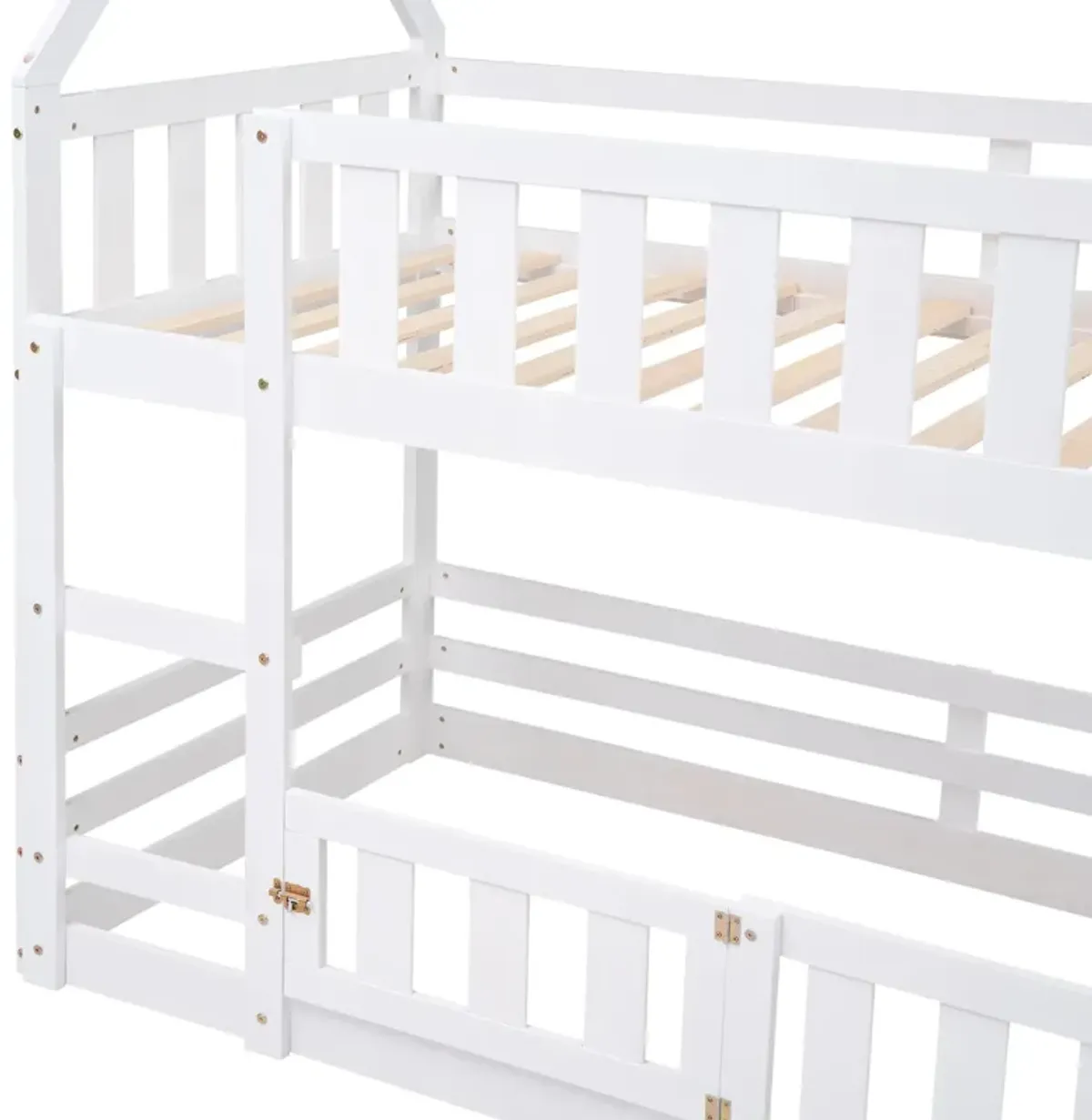 Twin Over Twin House Bunk Bed With Fence And Door