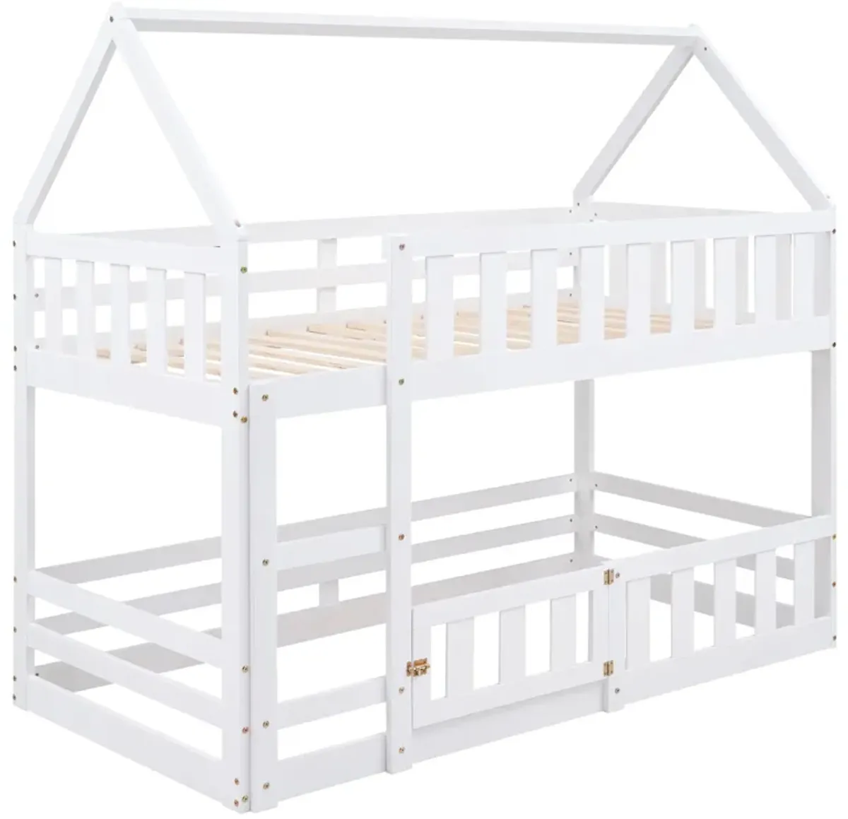 Twin Over Twin House Bunk Bed With Fence And Door