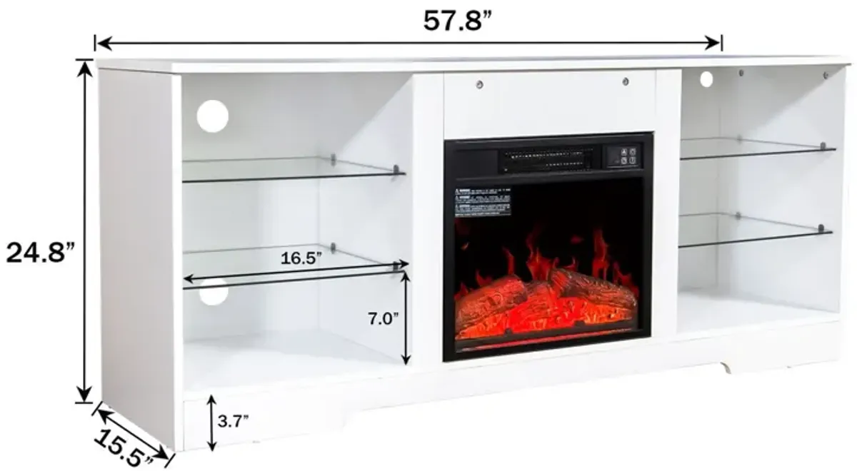 57.8" Fireplace TV Stand With 18" Electric Fireplace Heater, Modern Entertainment Center For TVs Up To 62" With Adjustable Glass Shelves And Storage Cabinets