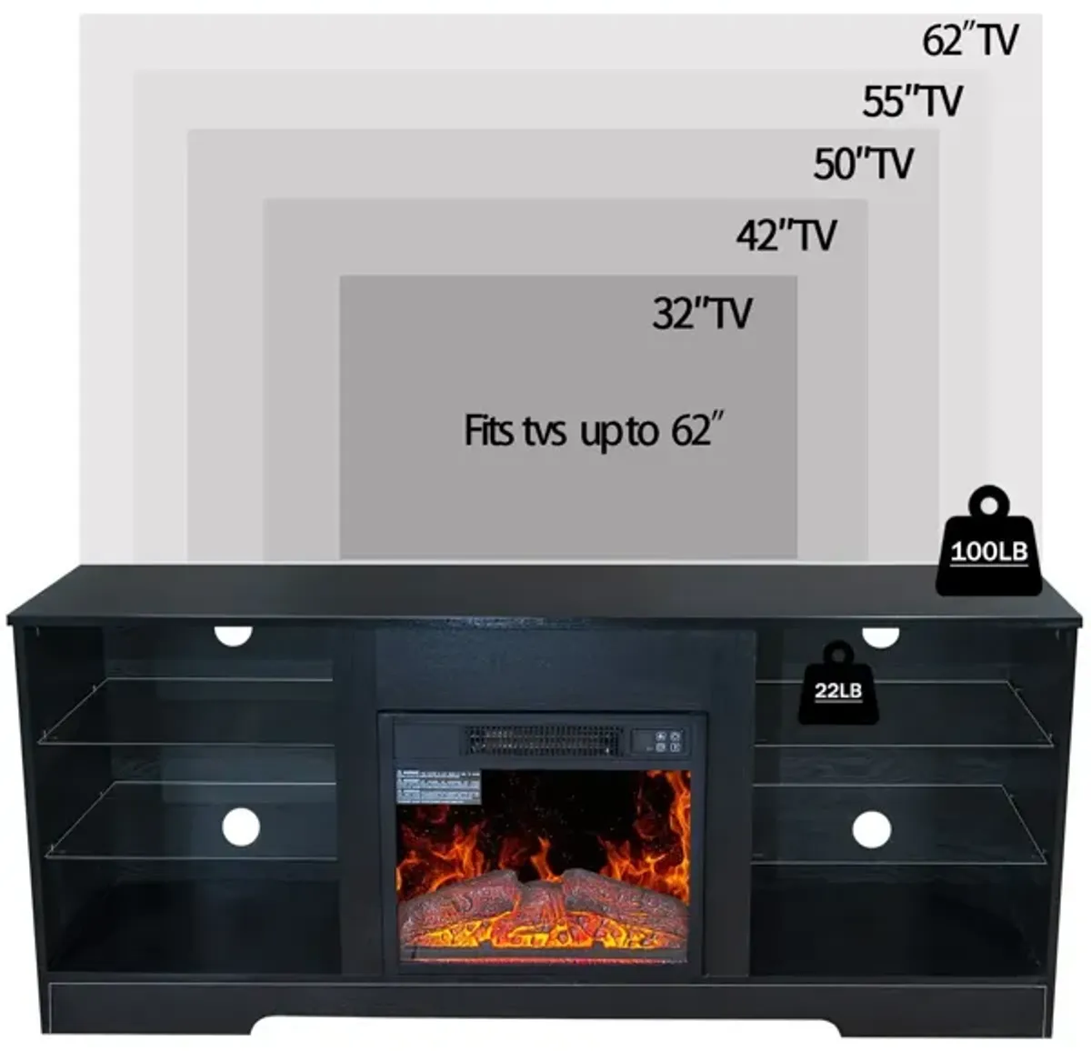 57.8" Fireplace TV Stand With 18" Electric Fireplace Heater, Modern Entertainment Center For TVs Up To 62" With Adjustable Glass Shelves And Storage Cabinets