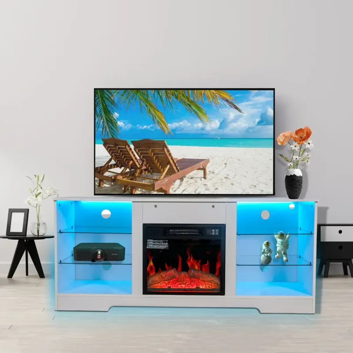 57.8" Fireplace TV Stand With 18" Electric Fireplace Heater, Modern Entertainment Center For TVs Up To 62" With Adjustable Glass Shelves And Storage Cabinets