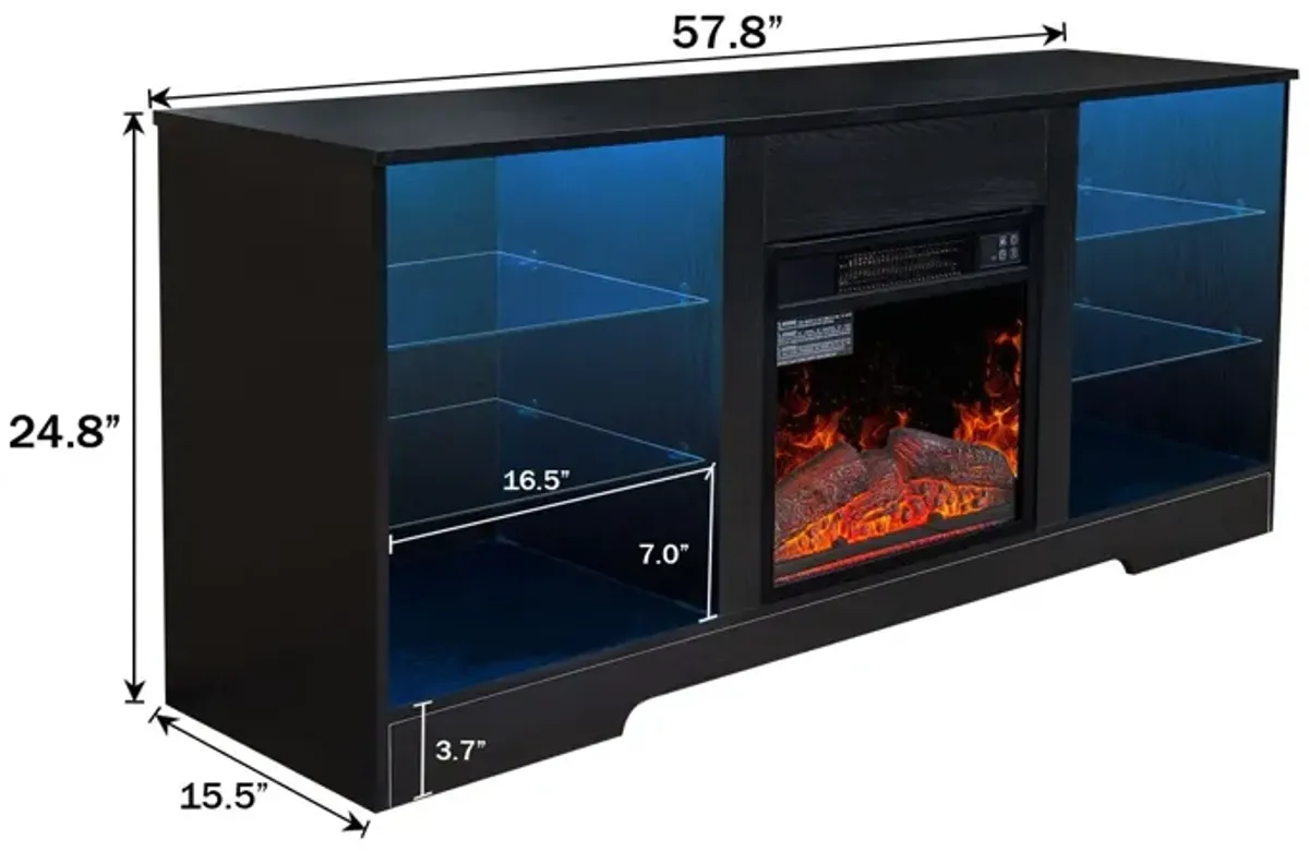 57.8" Fireplace TV Stand With 18" Electric Fireplace Heater, Modern Entertainment Center For TVs Up To 62" With Adjustable Glass Shelves And Storage Cabinets