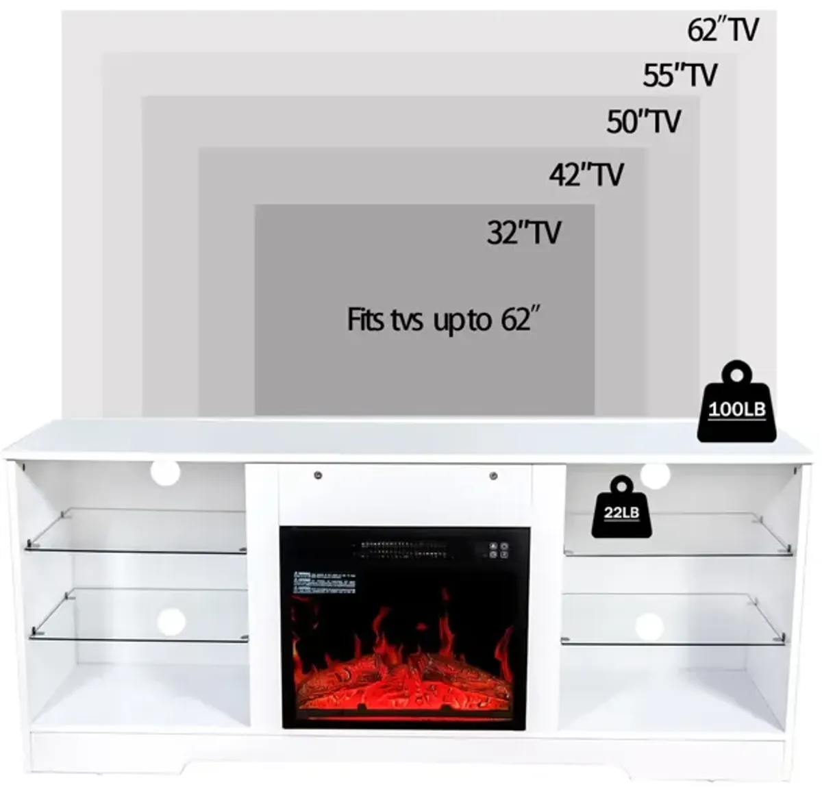 57.8" Fireplace TV Stand With 18" Electric Fireplace Heater, Modern Entertainment Center For TVs Up To 62" With Adjustable Glass Shelves And Storage Cabinets