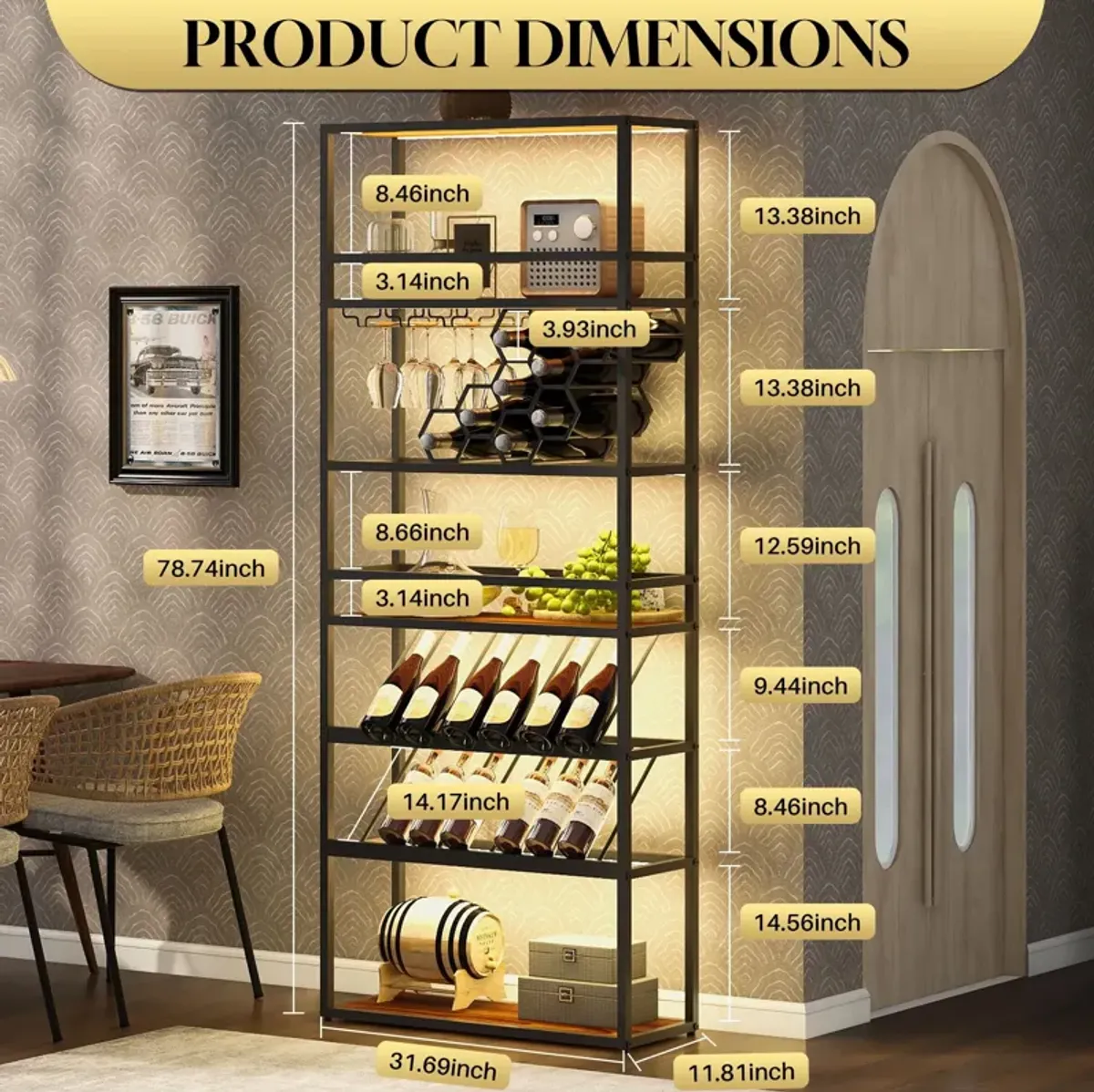 LED Tall Wine Rack Freestanding Floor, 7 Tier Wine Baker Rack With Glass Holder & Wine Storage, Industrial Wine Display Shelf Wine Bar Cabinet For Bar, Kitchen, Dining Room