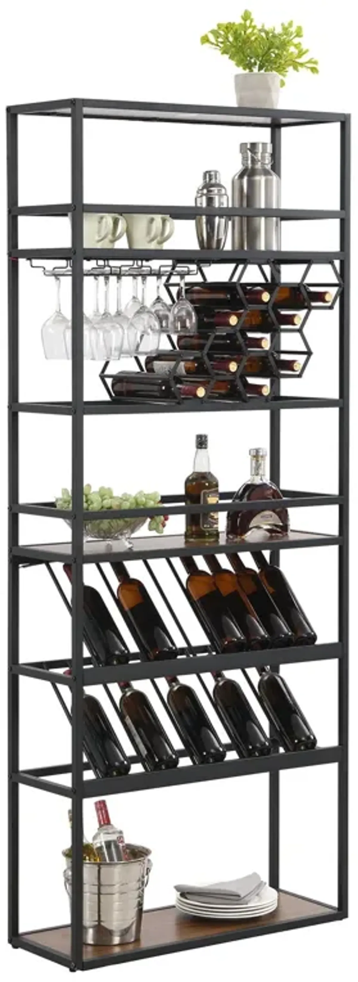 LED Tall Wine Rack Freestanding Floor, 7 Tier Wine Baker Rack With Glass Holder & Wine Storage, Industrial Wine Display Shelf Wine Bar Cabinet For Bar, Kitchen, Dining Room