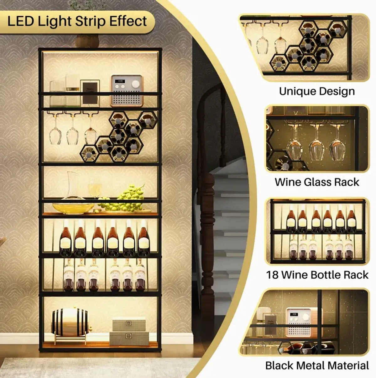 LED Tall Wine Rack Freestanding Floor, 7 Tier Wine Baker Rack With Glass Holder & Wine Storage, Industrial Wine Display Shelf Wine Bar Cabinet For Bar, Kitchen, Dining Room