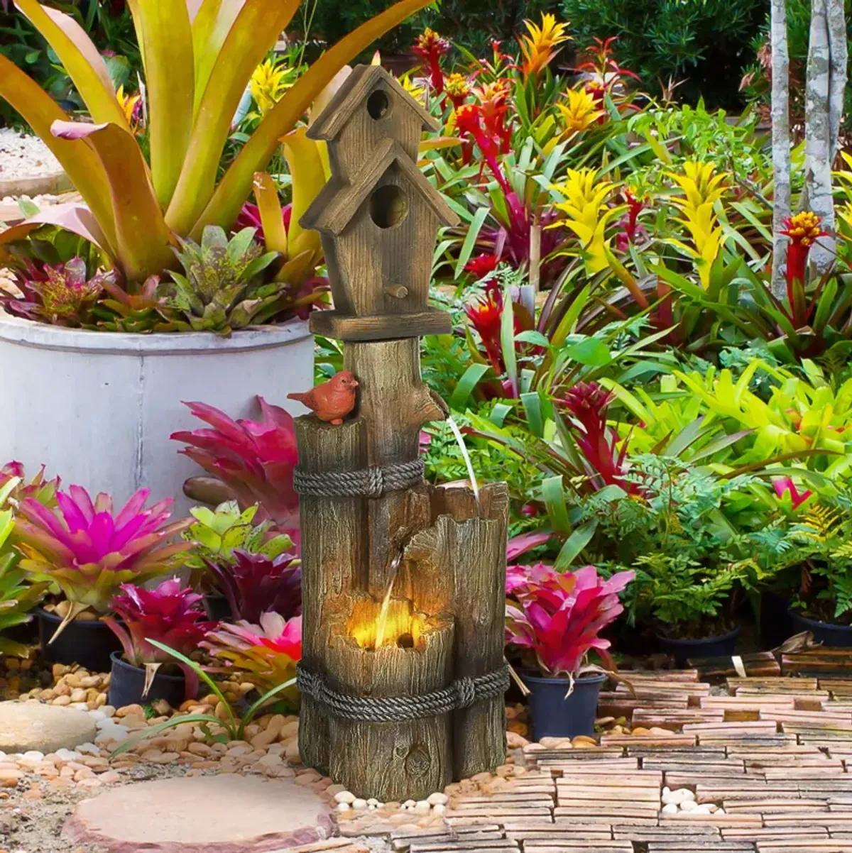 Outsunny - Outdoor Fountain With Birdhouse, Cascading Garden Waterfall Bird Bath With 3 Tier Rustic Tree Trunk / Log Design, LED Lights For Porch, Deck, Yard Decor - Brown