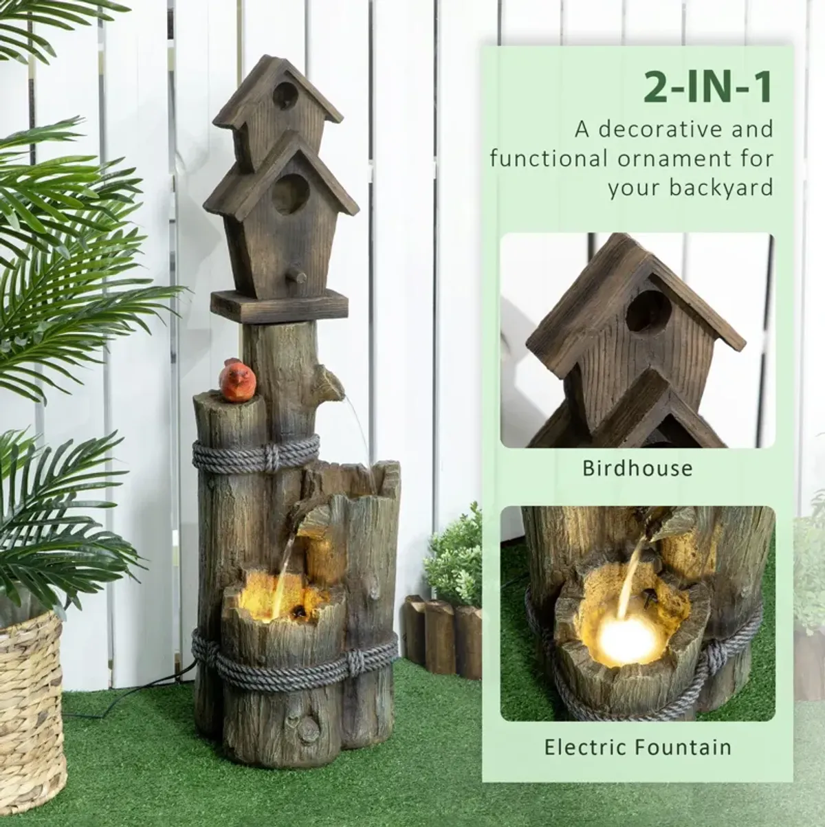 Outsunny - Outdoor Fountain With Birdhouse, Cascading Garden Waterfall Bird Bath With 3 Tier Rustic Tree Trunk / Log Design, LED Lights For Porch, Deck, Yard Decor - Brown