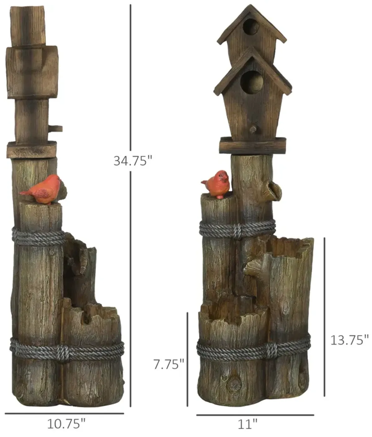 Outsunny - Outdoor Fountain With Birdhouse, Cascading Garden Waterfall Bird Bath With 3 Tier Rustic Tree Trunk / Log Design, LED Lights For Porch, Deck, Yard Decor - Brown