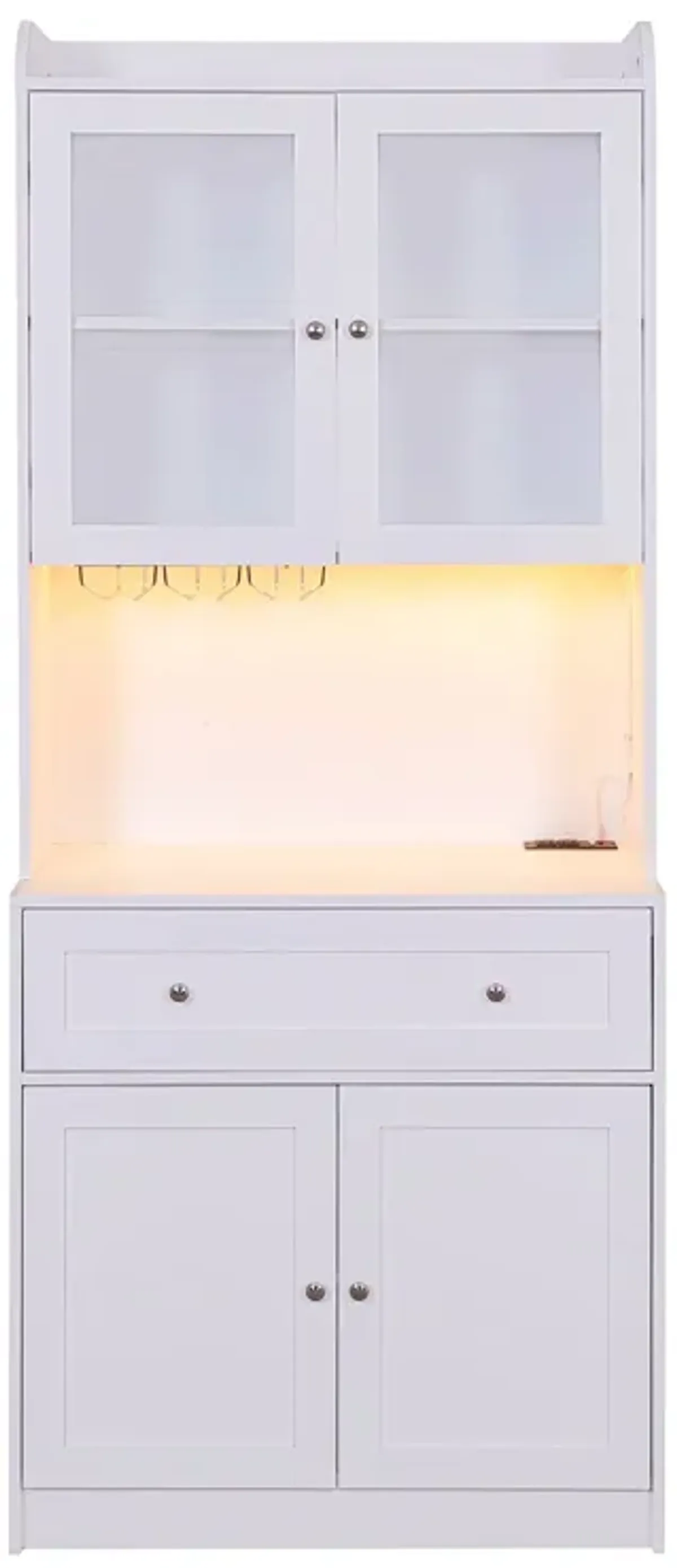 Tall Kitchen Pantry Storage Cabinet With Lights And Charging Station, Modern Kitchen Hutch Bar Cabinet With Microwave Stand, Wood Buffet Sideboard With 1 Drawer For Kitchen, Dining Room - White