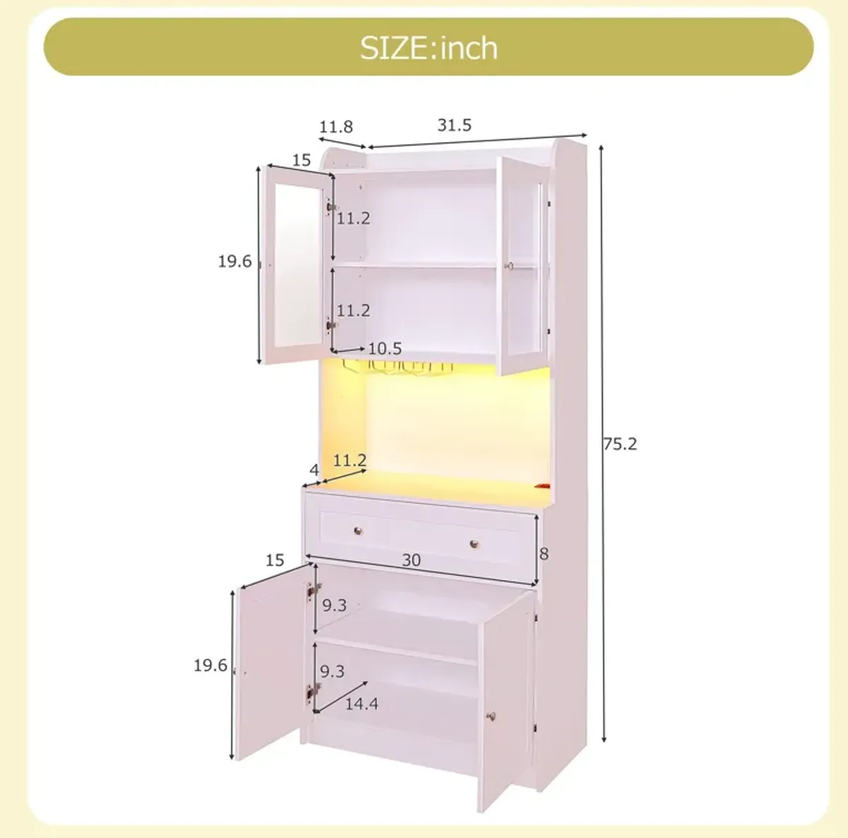 Tall Kitchen Pantry Storage Cabinet With Lights And Charging Station, Modern Kitchen Hutch Bar Cabinet With Microwave Stand, Wood Buffet Sideboard With 1 Drawer For Kitchen, Dining Room - White