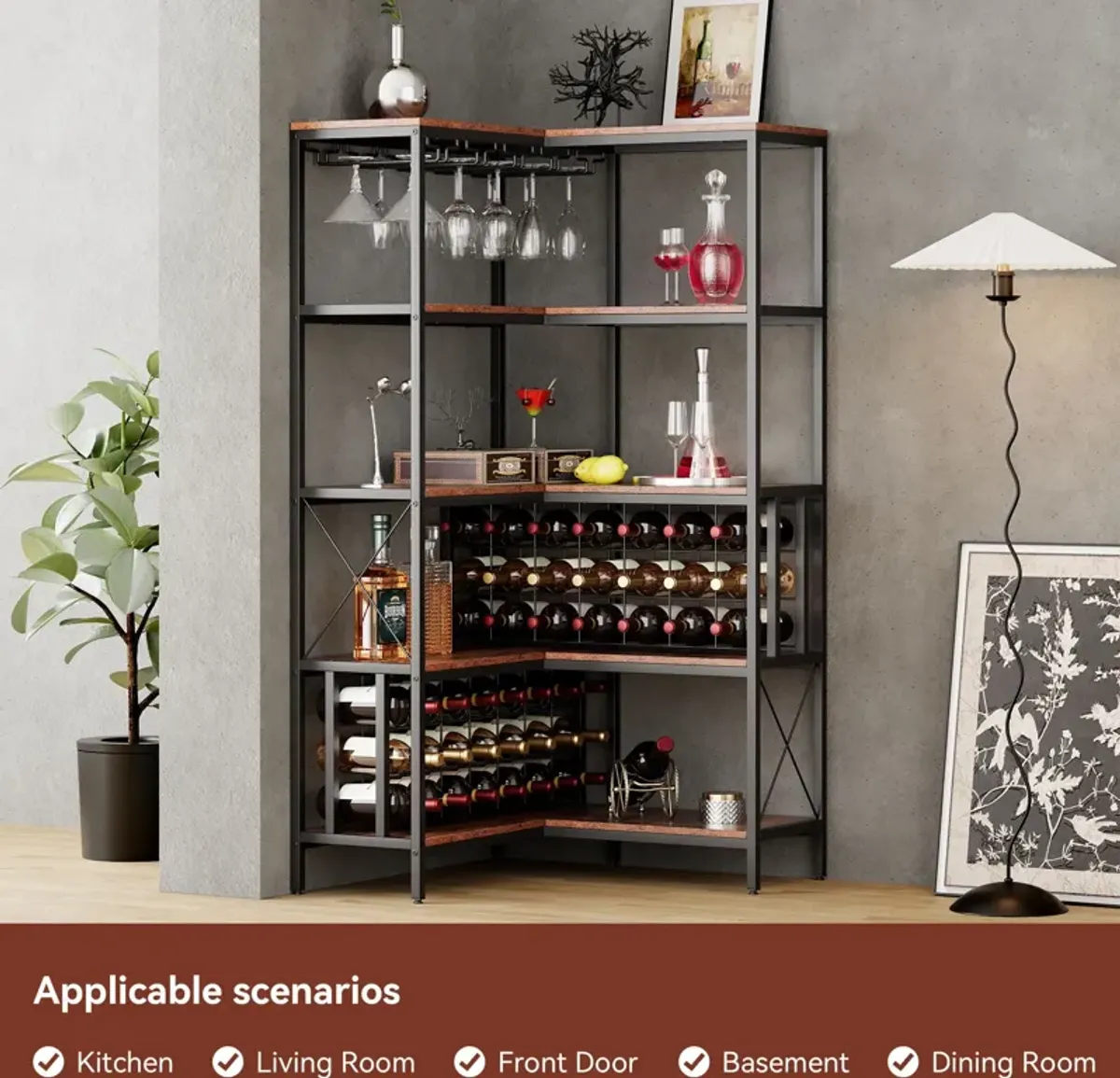 Corner Wine Rack Bar Cabinet Industrial Freestanding Floor Bar Cabinets For Liquor And Glasses Storage For Home Kitchen - Walnut / Black