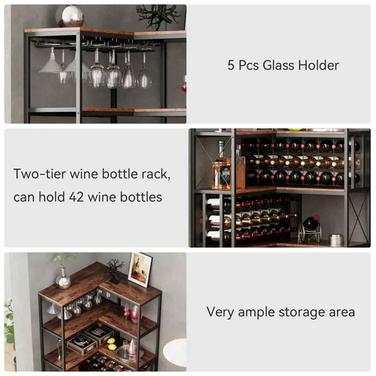 Corner Wine Rack Bar Cabinet Industrial Freestanding Floor Bar Cabinets For Liquor And Glasses Storage For Home Kitchen - Walnut / Black