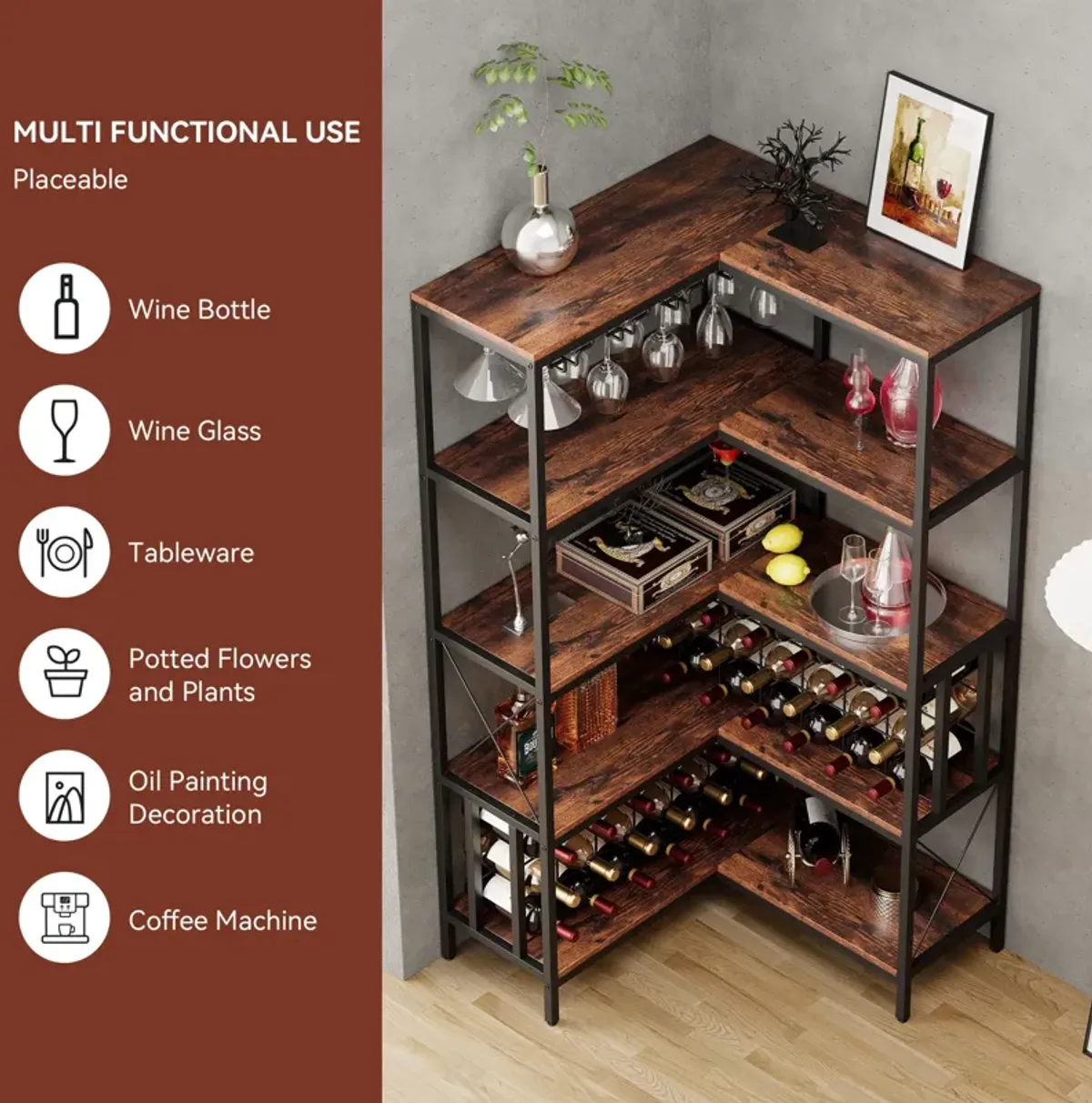 Corner Wine Rack Bar Cabinet Industrial Freestanding Floor Bar Cabinets For Liquor And Glasses Storage For Home Kitchen - Walnut / Black